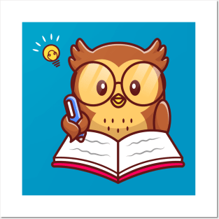 Cute Owl Writing On Book With Pen Posters and Art